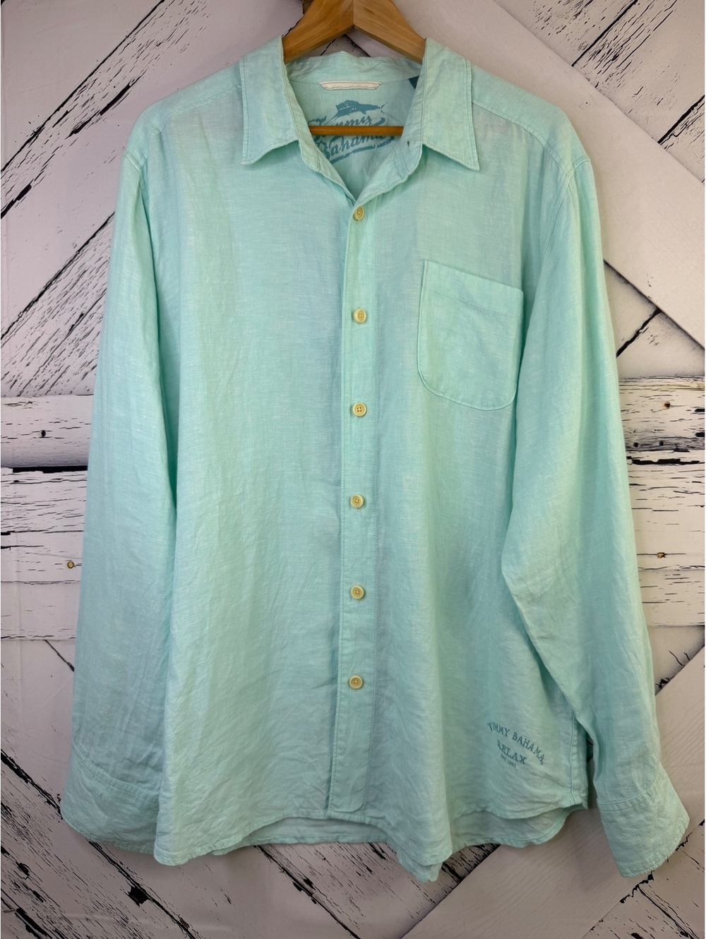 Tommy Bahama Linen Button Up Shirt Sea Glass Green Men XL Coastal Luxury